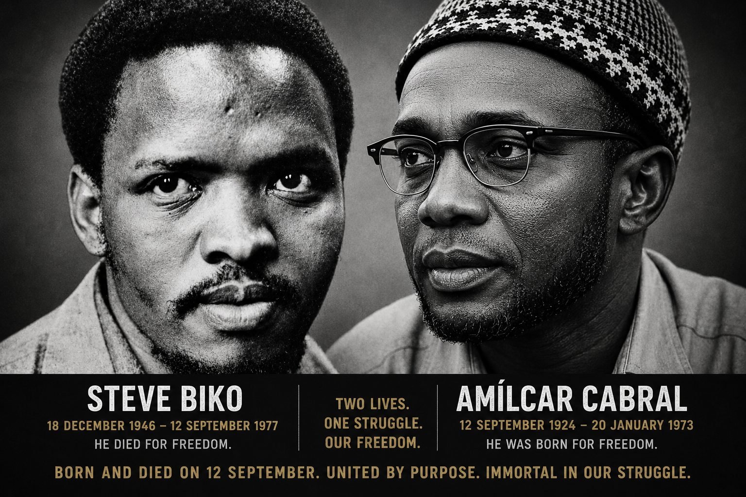 Steve Biko and Amílcar Cabral, side by side, with their dates.